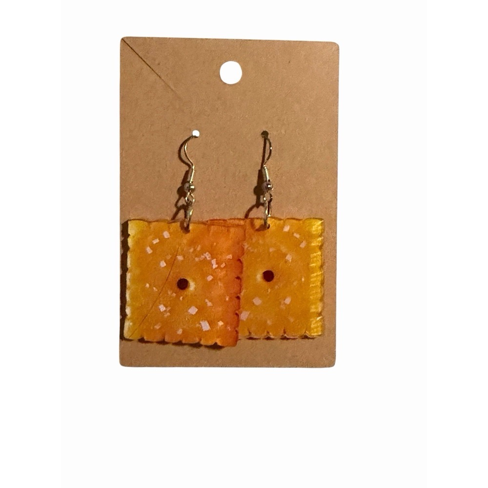 Handmade Cheese Cracker Novelty Earrings Orange Snack Food Kitsch Drop Dangle